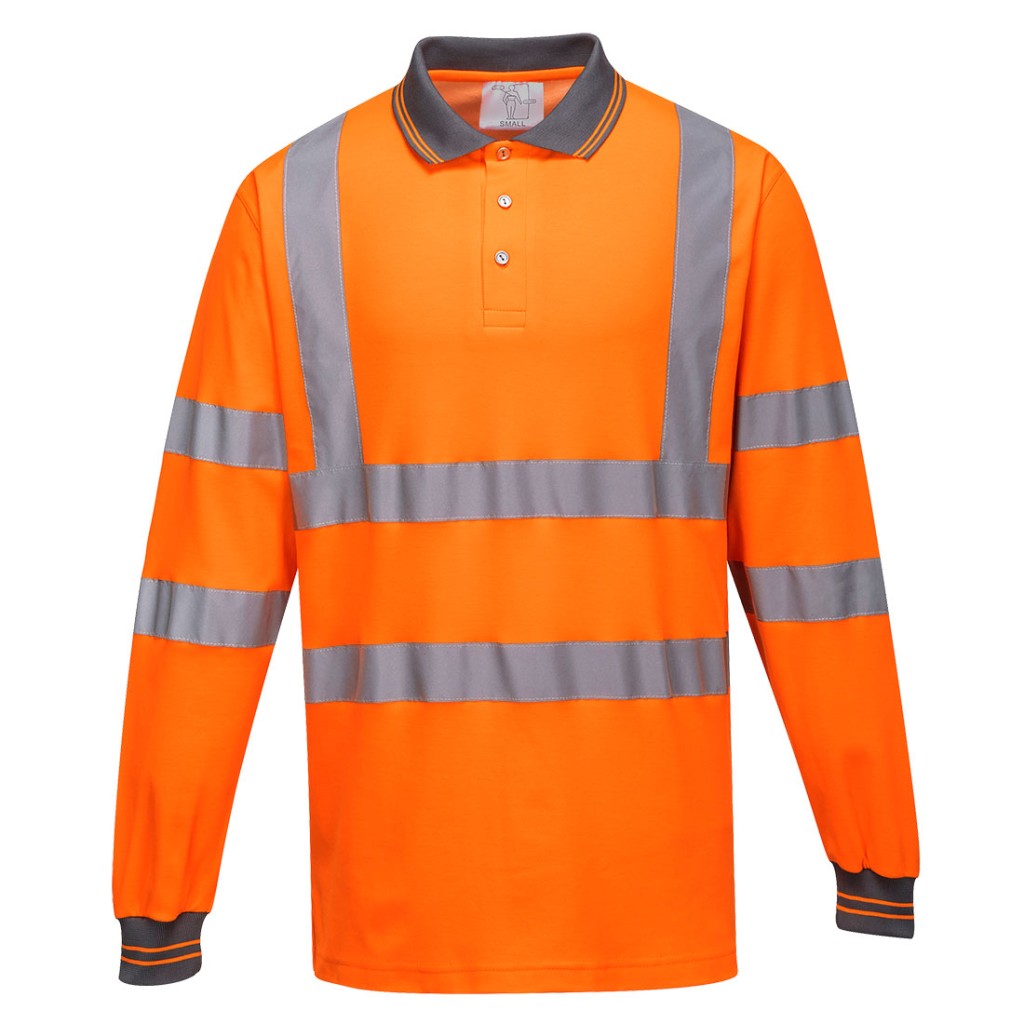 A high-visibility orange polo shirt featuring retroreflective tape panels, suitable for a wide range of outdoor and site work applications.