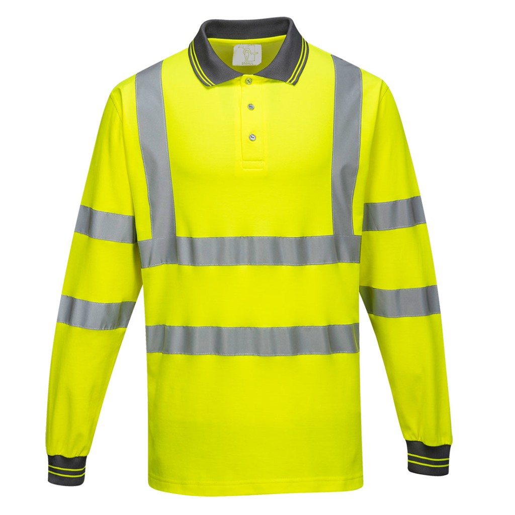 A high-visibility yellow polo shirt featuring retroreflective tape panels, suitable for a wide range of outdoor and site work applications.