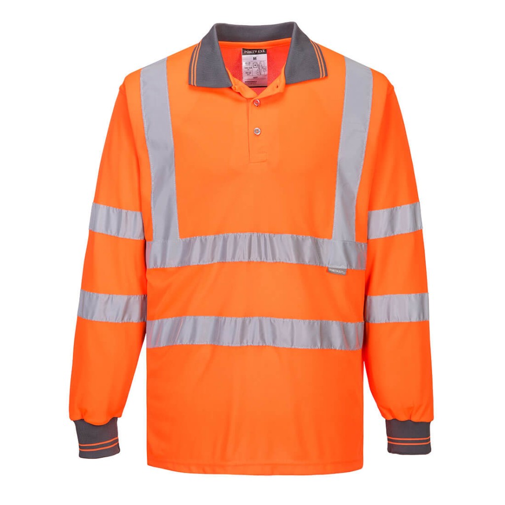 A high-visibility orange polo shirt featuring retroreflective tape panels, suitable for a wide range of outdoor and site work applications.