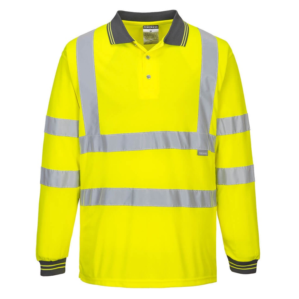 A high-visibility yellow polo shirt featuring retroreflective tape panels, suitable for a wide range of outdoor and site work applications.
