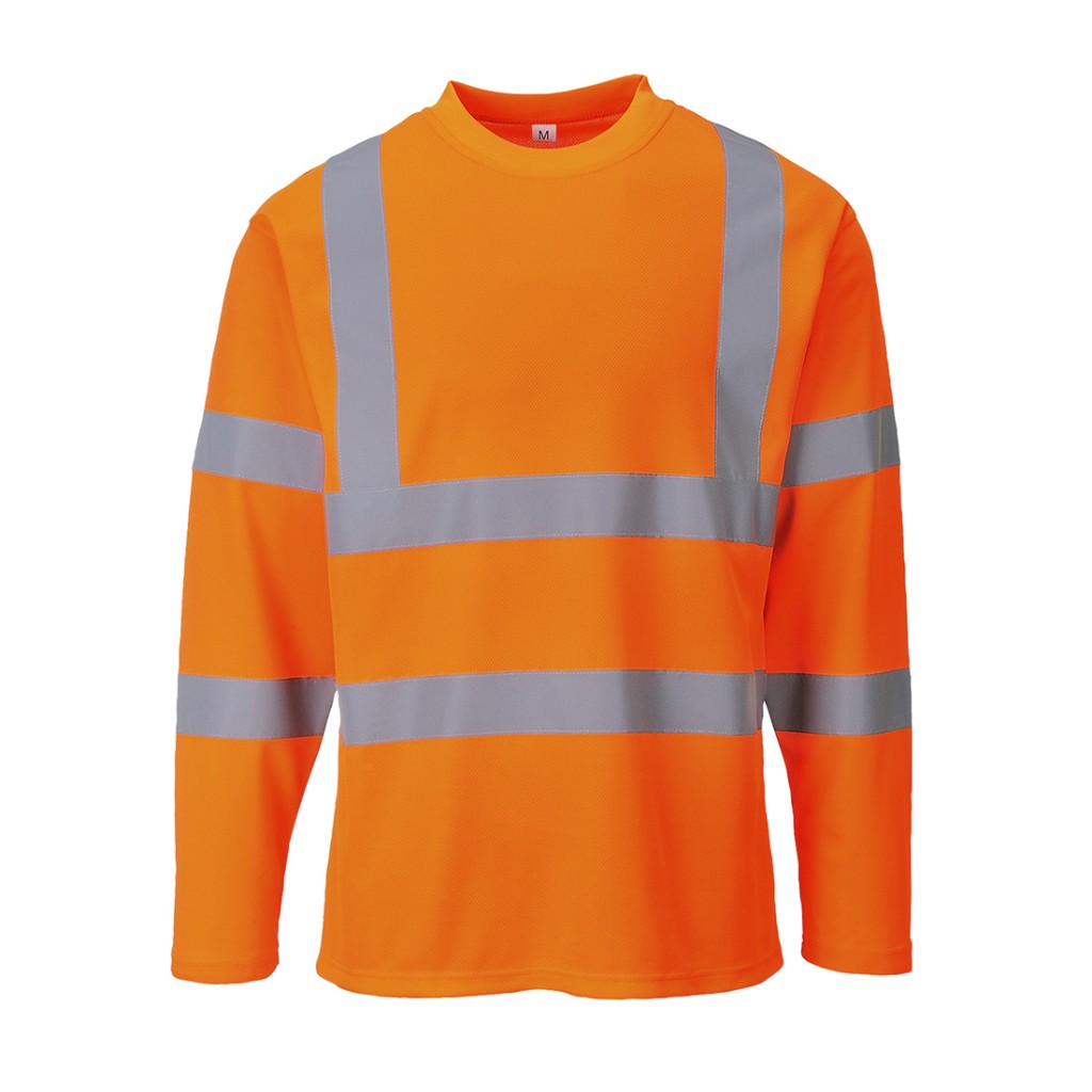 A high-visibility orange work shirt featuring retroreflective tape panels, suitable for a wide range of outdoor and site work applications.