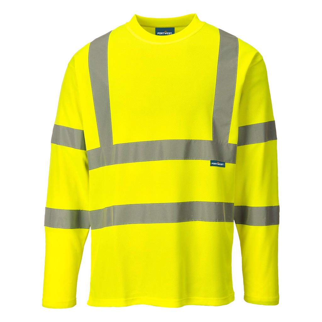 A high-visibility yellow work shirt featuring retroreflective tape panels, suitable for a wide range of outdoor and site work applications.