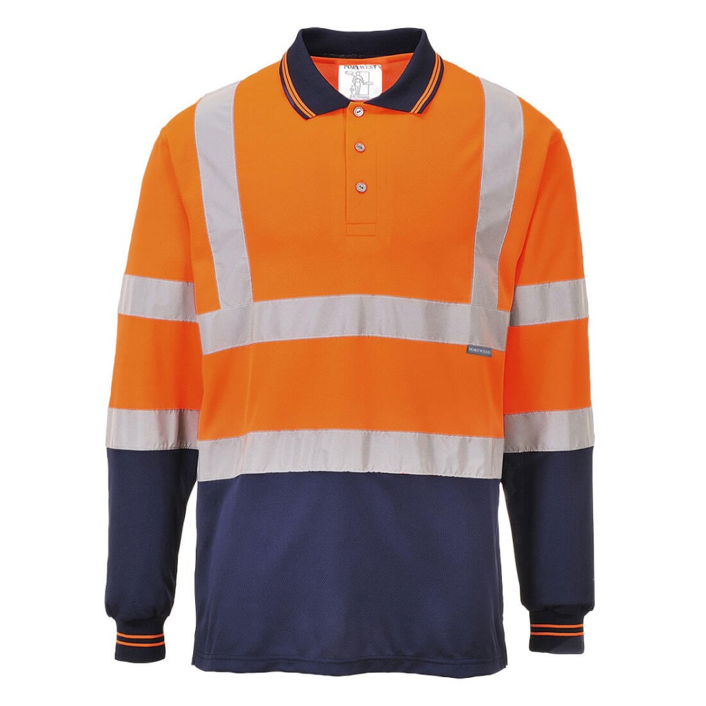 A high-visibility orange polo shirt featuring retroreflective tape panels, suitable for a wide range of outdoor and site work applications.