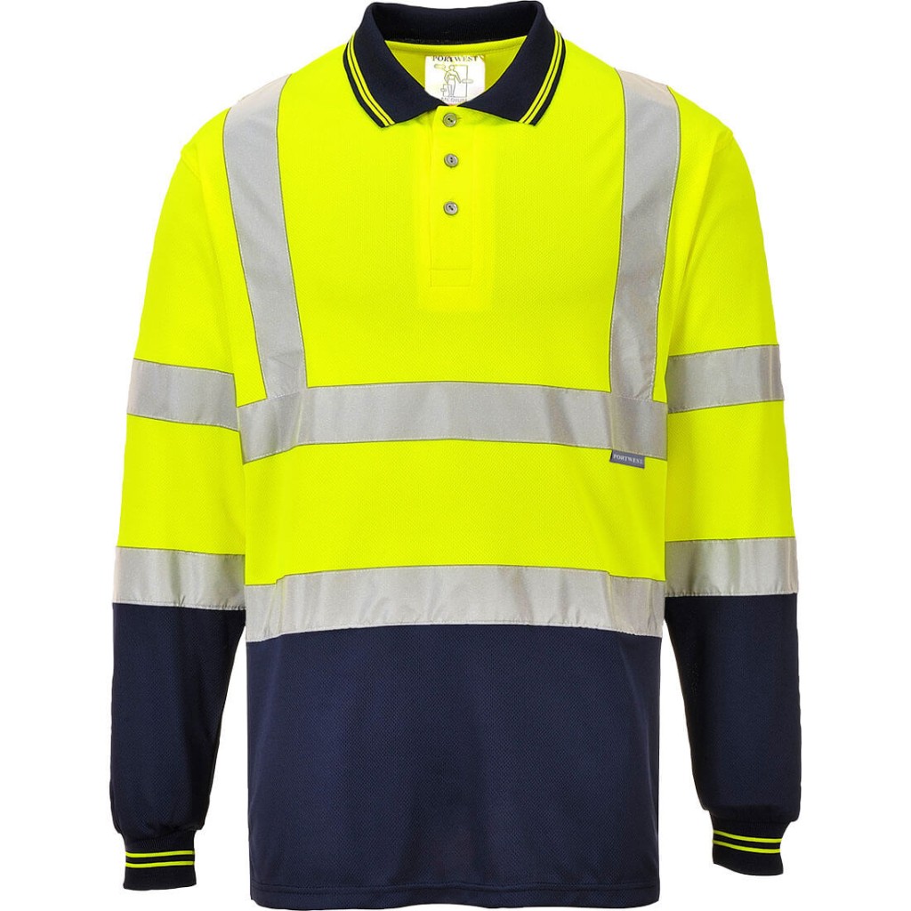 A high-visibility yellow polo shirt featuring retroreflective tape panels, suitable for a wide range of outdoor and site work applications.