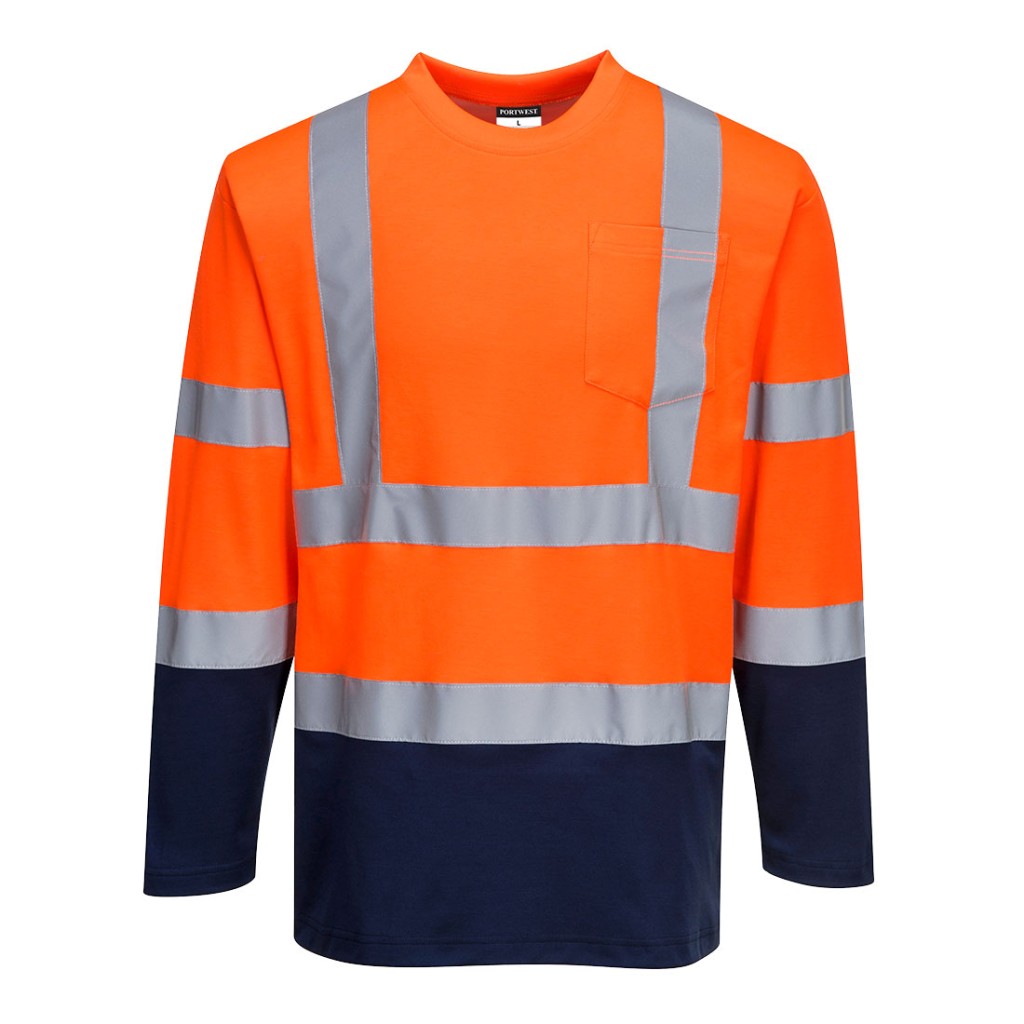A high-visibility orange work shirt featuring retroreflective tape panels, suitable for a wide range of outdoor and site work applications.