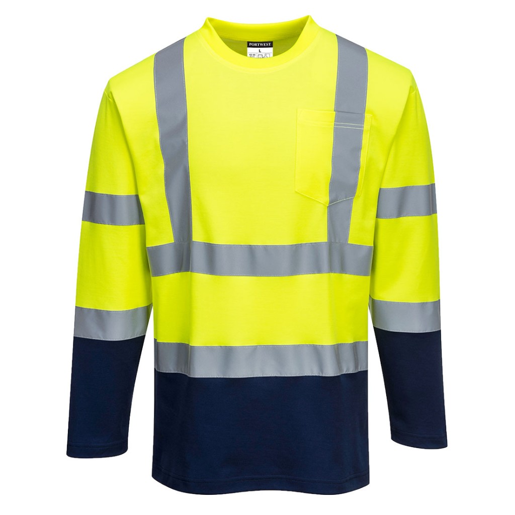 A high-visibility yellow work shirt featuring retroreflective tape panels, suitable for a wide range of outdoor and site work applications.