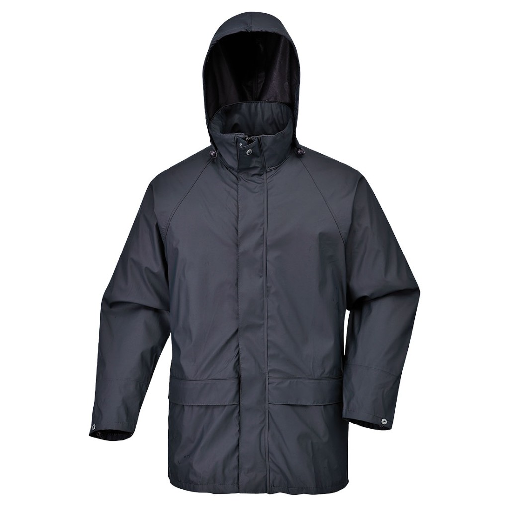 A navy blue jacket designed for use on construction sites and in industrial work environments.,