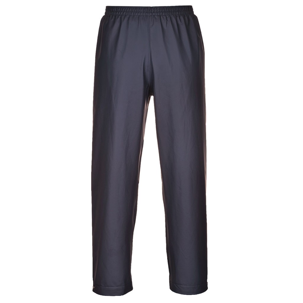 A pair of navy blue work trousers designed for use on construction sites and in industrial work environments.,