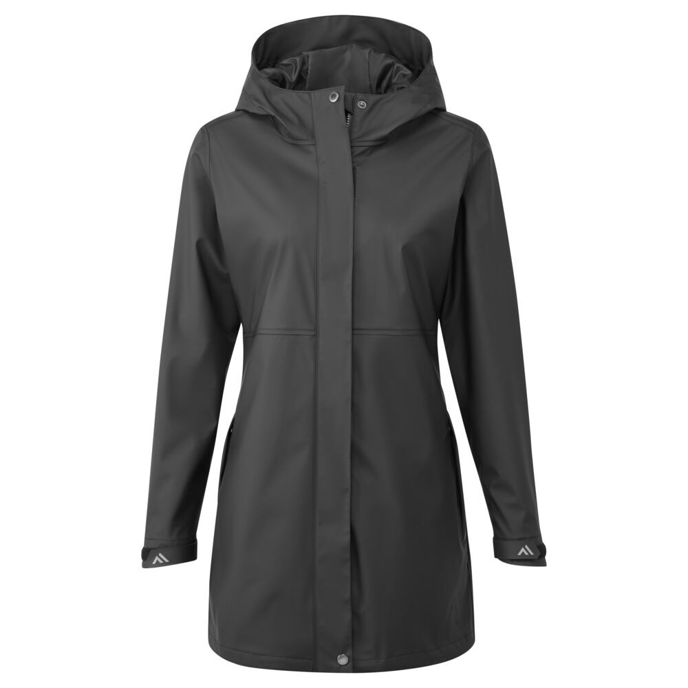 A women's black waterproof jacket designed for use on construction sites and in industrial work environments.,