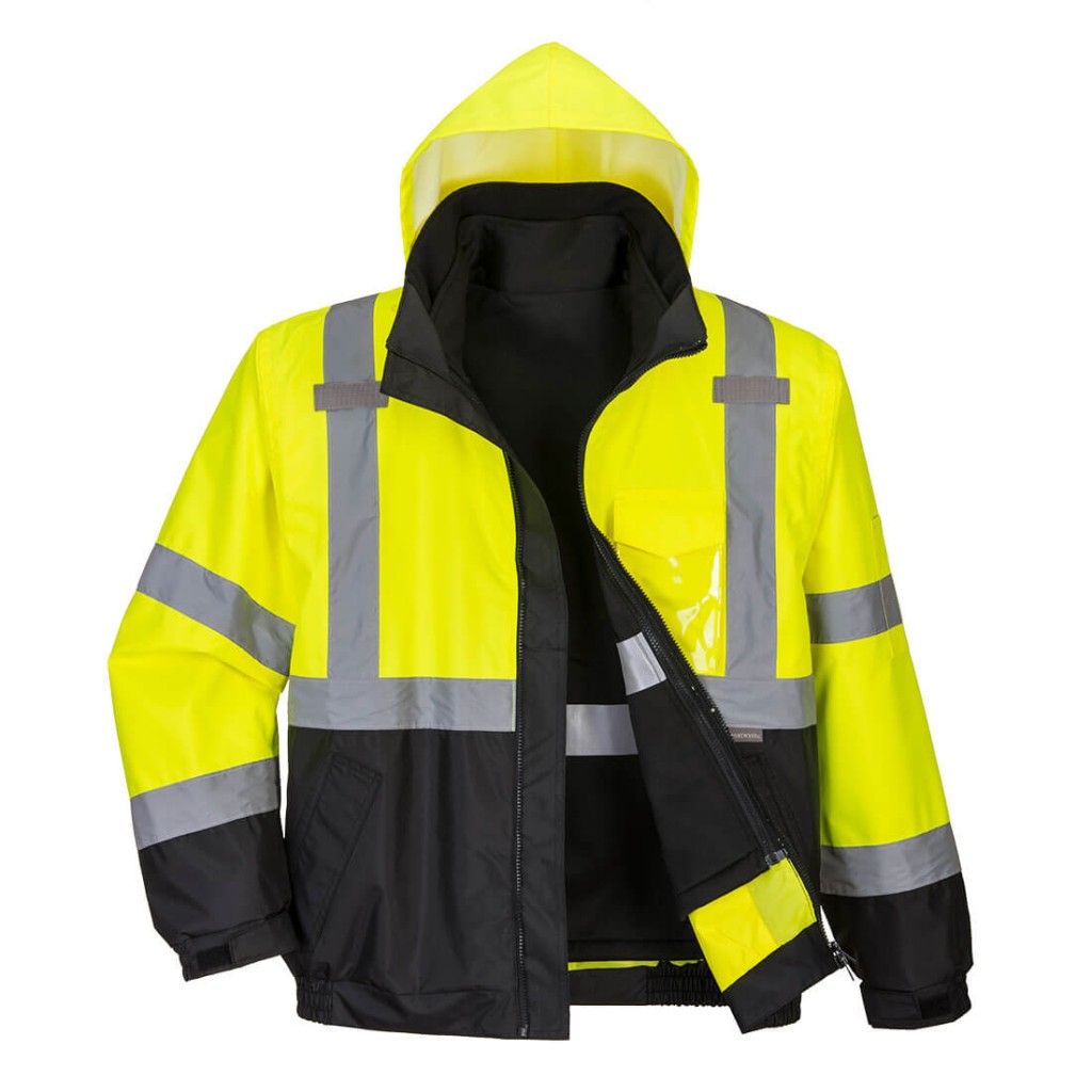 A high-visibility yellow jacket featuring retroreflective tape panels, suitable for a wide range of outdoor and site work applications.