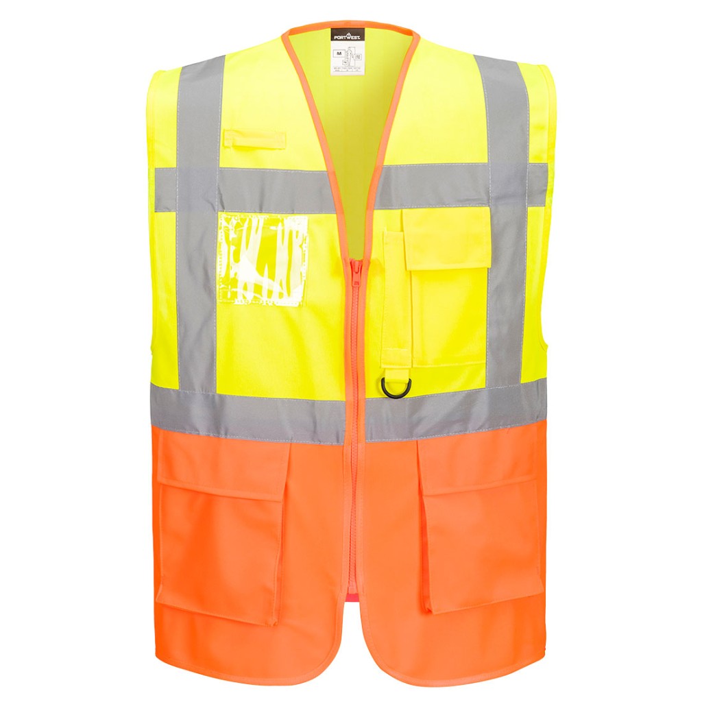 A high-visibility yellow vest featuring retroreflective tape panels, suitable for a wide range of outdoor and site work applications.