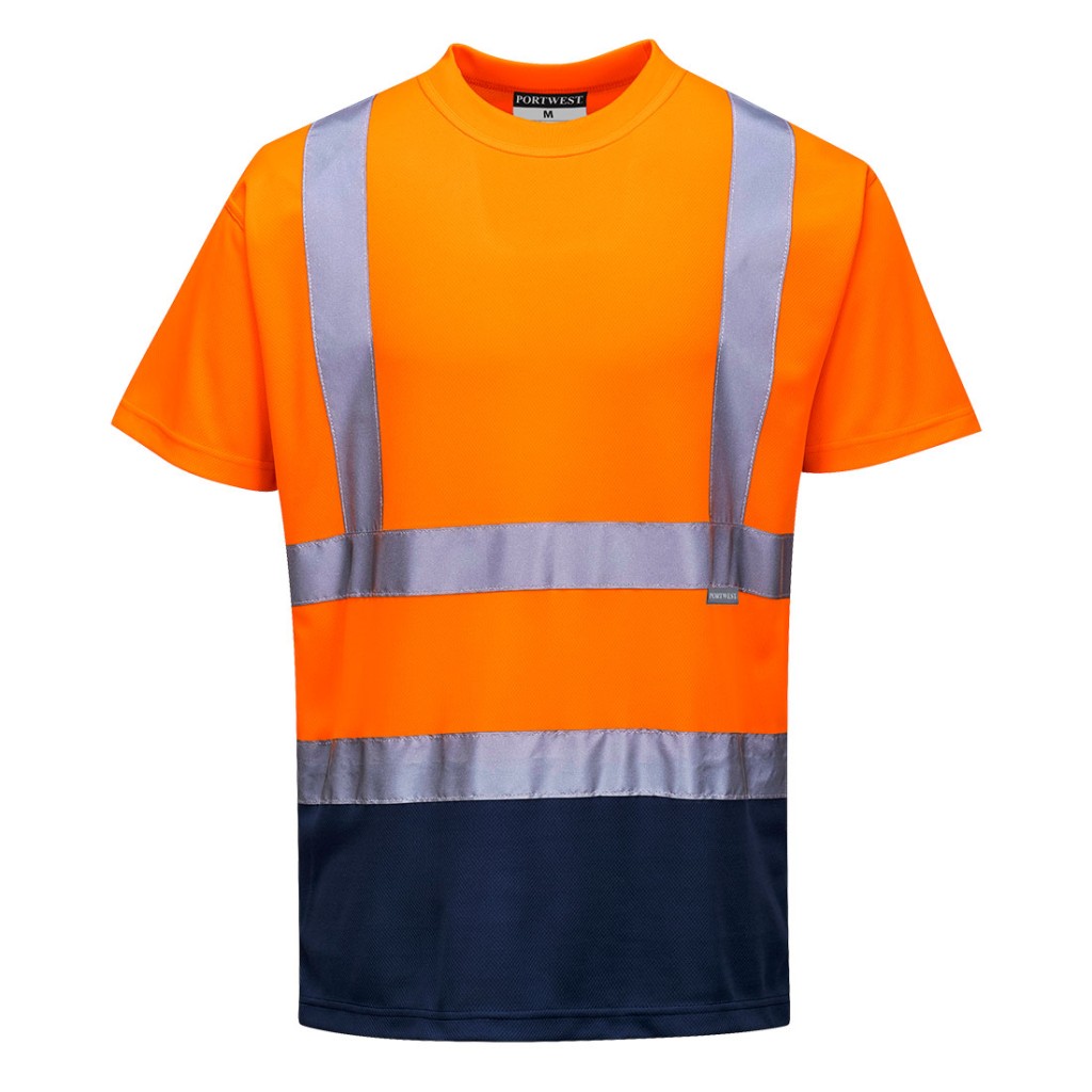 A high-visibility orange work shirt featuring retroreflective tape panels, suitable for a wide range of outdoor and site work applications.