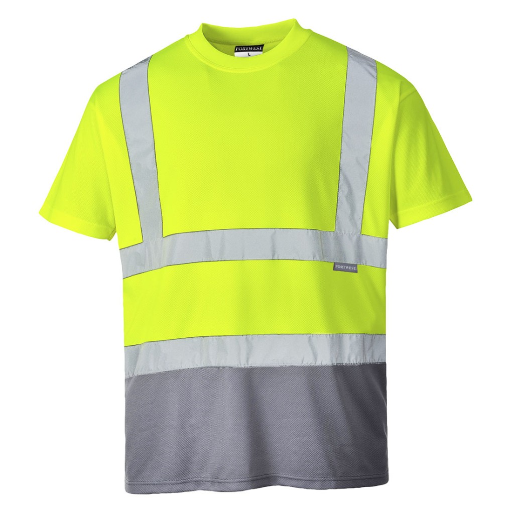 A high-visibility yellow work shirt featuring retroreflective tape panels, suitable for a wide range of outdoor and site work applications.