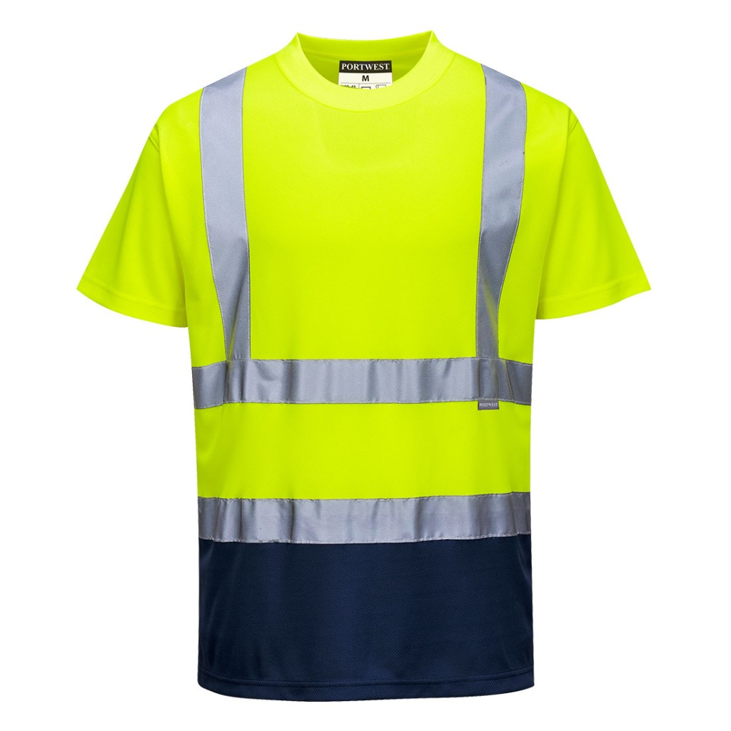 A high-visibility yellow work shirt featuring retroreflective tape panels, suitable for a wide range of outdoor and site work applications.