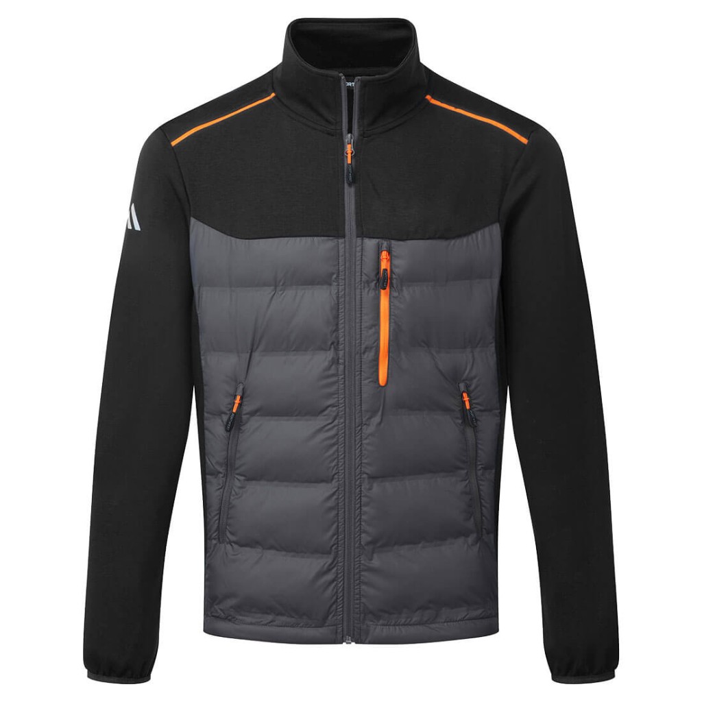 A black jacket designed for use on construction sites and in industrial work environments.,