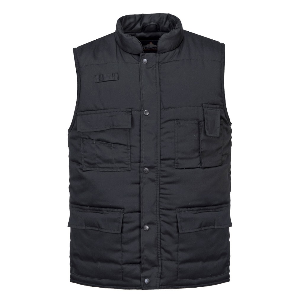A black workwear garment designed for use on construction sites and in industrial work environments.,