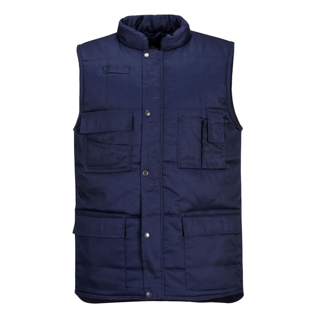 A navy blue workwear garment designed for use on construction sites and in industrial work environments.,