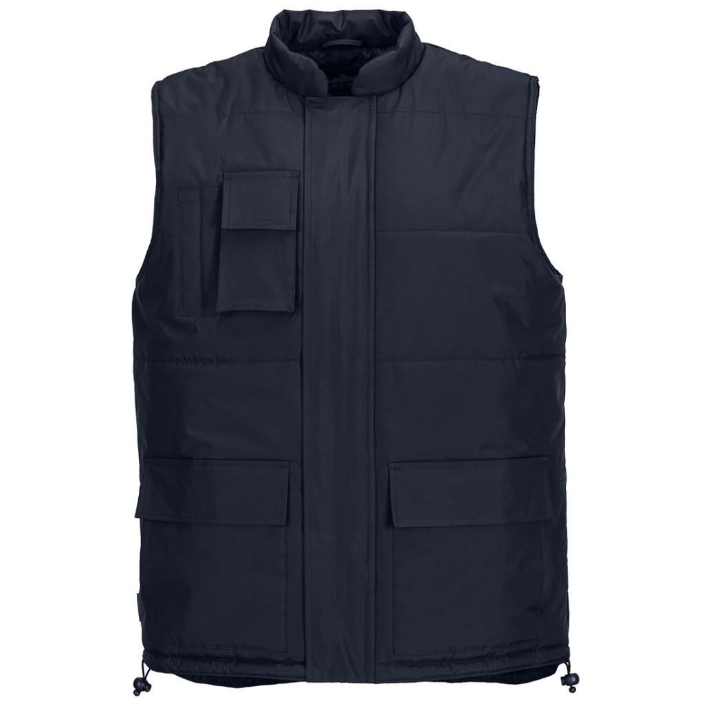 A navy blue workwear garment designed for use on construction sites and in industrial work environments.,