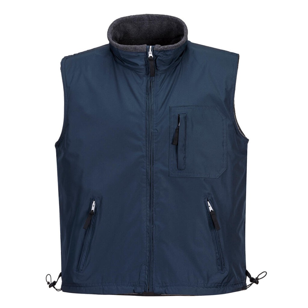 A navy blue workwear garment designed for use on construction sites and in industrial work environments.,
