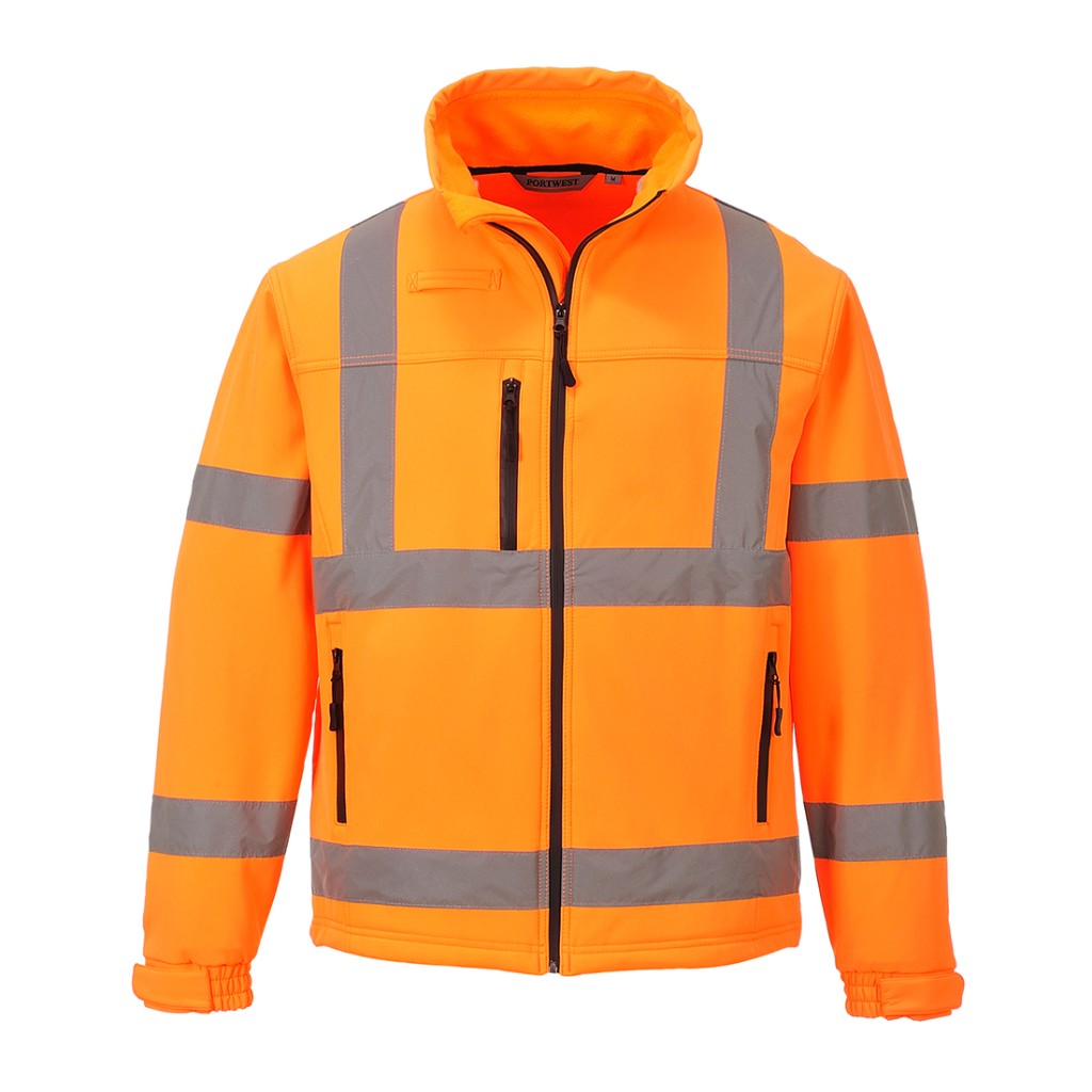 A high-visibility orange softshell jacket featuring retroreflective tape panels, suitable for a wide range of outdoor and site work applications.