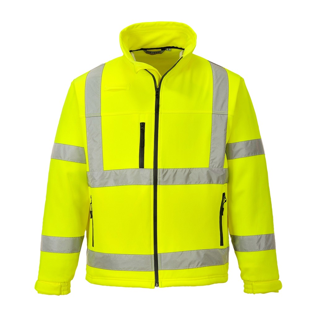 A high-visibility yellow softshell jacket featuring retroreflective tape panels, suitable for a wide range of outdoor and site work applications.