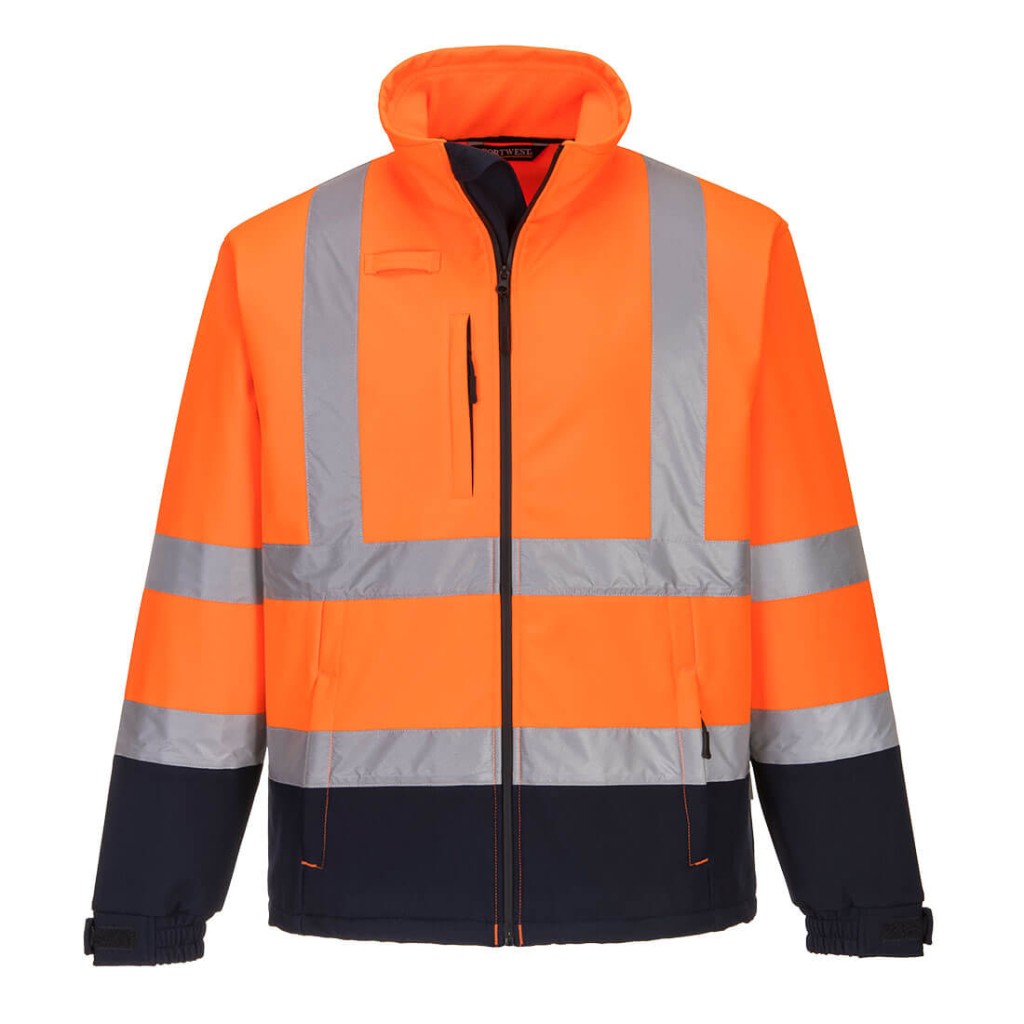 A high-visibility orange softshell jacket featuring retroreflective tape panels, suitable for a wide range of outdoor and site work applications.