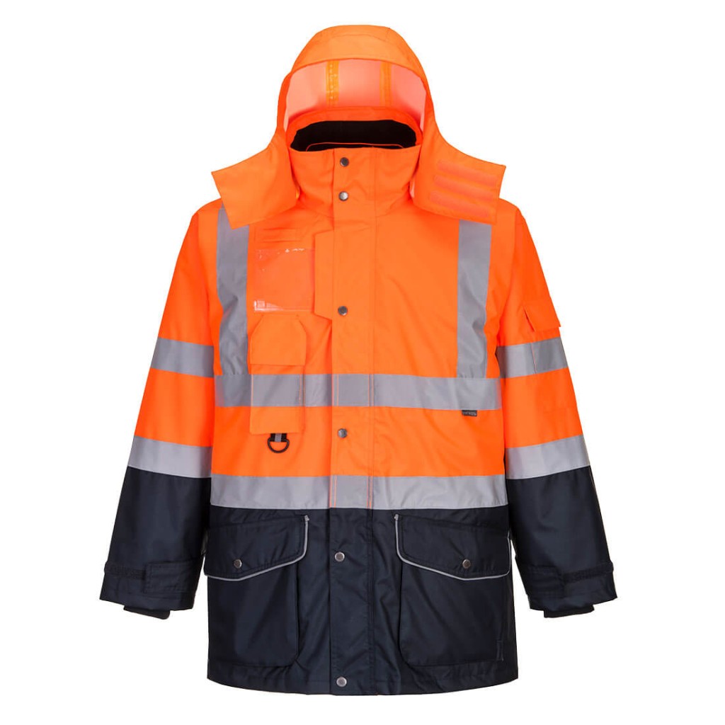A high-visibility orange waterproof jacket featuring retroreflective tape panels, a breathable membrane, suitable for a wide range of outdoor and site work applications.