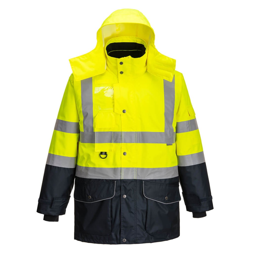 A high-visibility yellow waterproof jacket featuring retroreflective tape panels, a breathable membrane, suitable for a wide range of outdoor and site work applications.