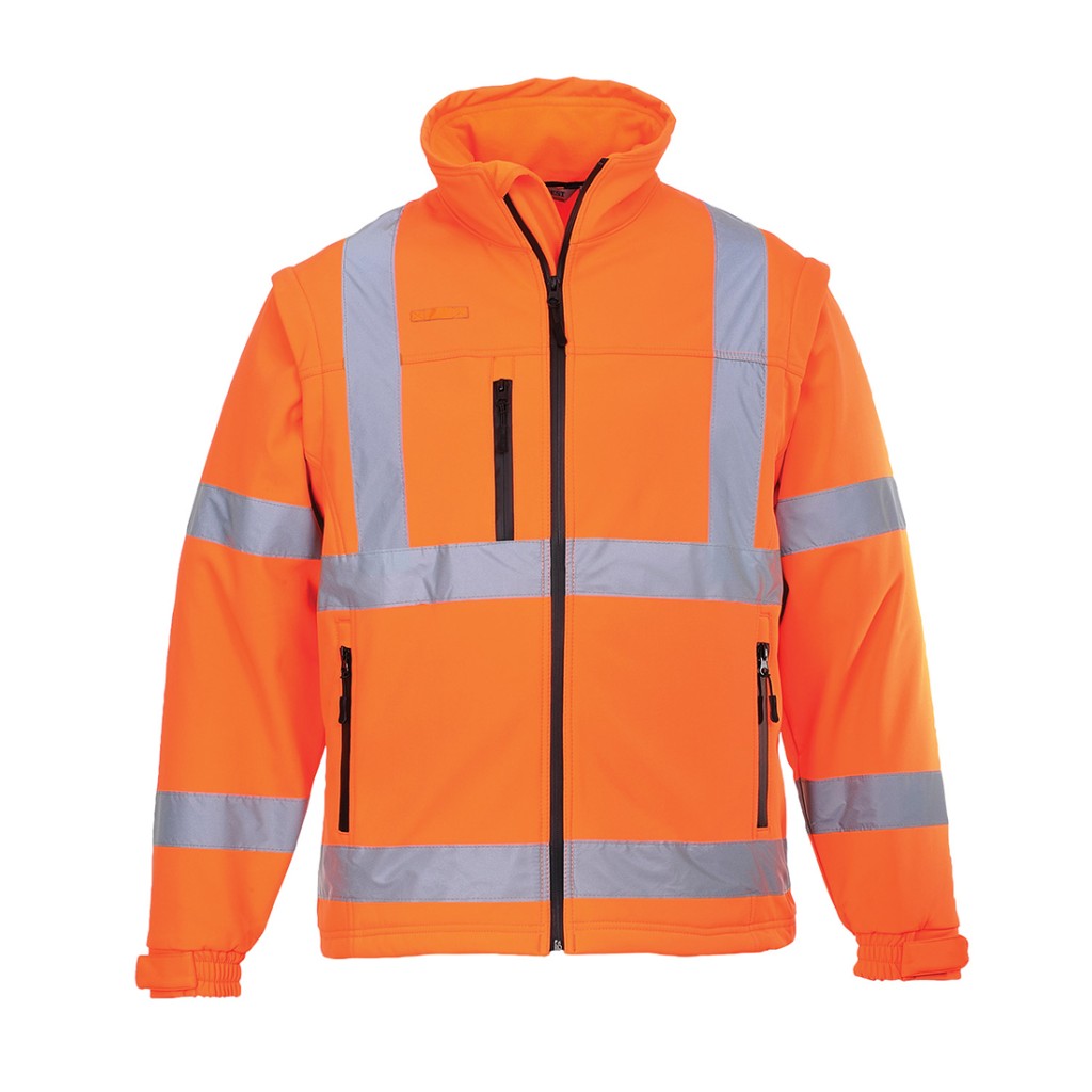 A high-visibility orange softshell jacket featuring retroreflective tape panels, suitable for a wide range of outdoor and site work applications.