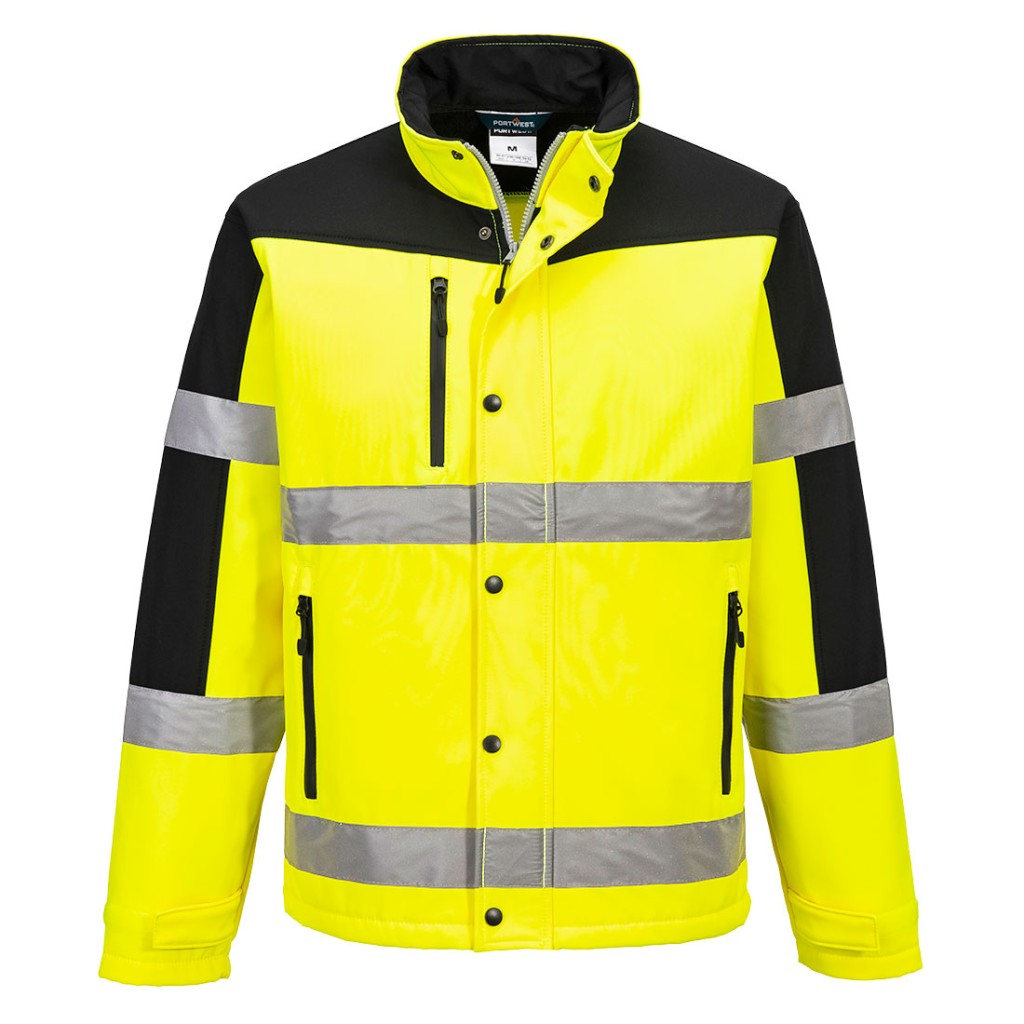 A high-visibility yellow softshell jacket featuring retroreflective tape panels, suitable for a wide range of outdoor and site work applications.