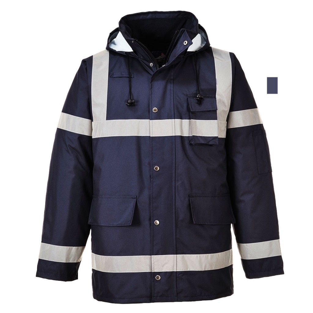A navy blue jacket designed for use on construction sites and in industrial work environments.,