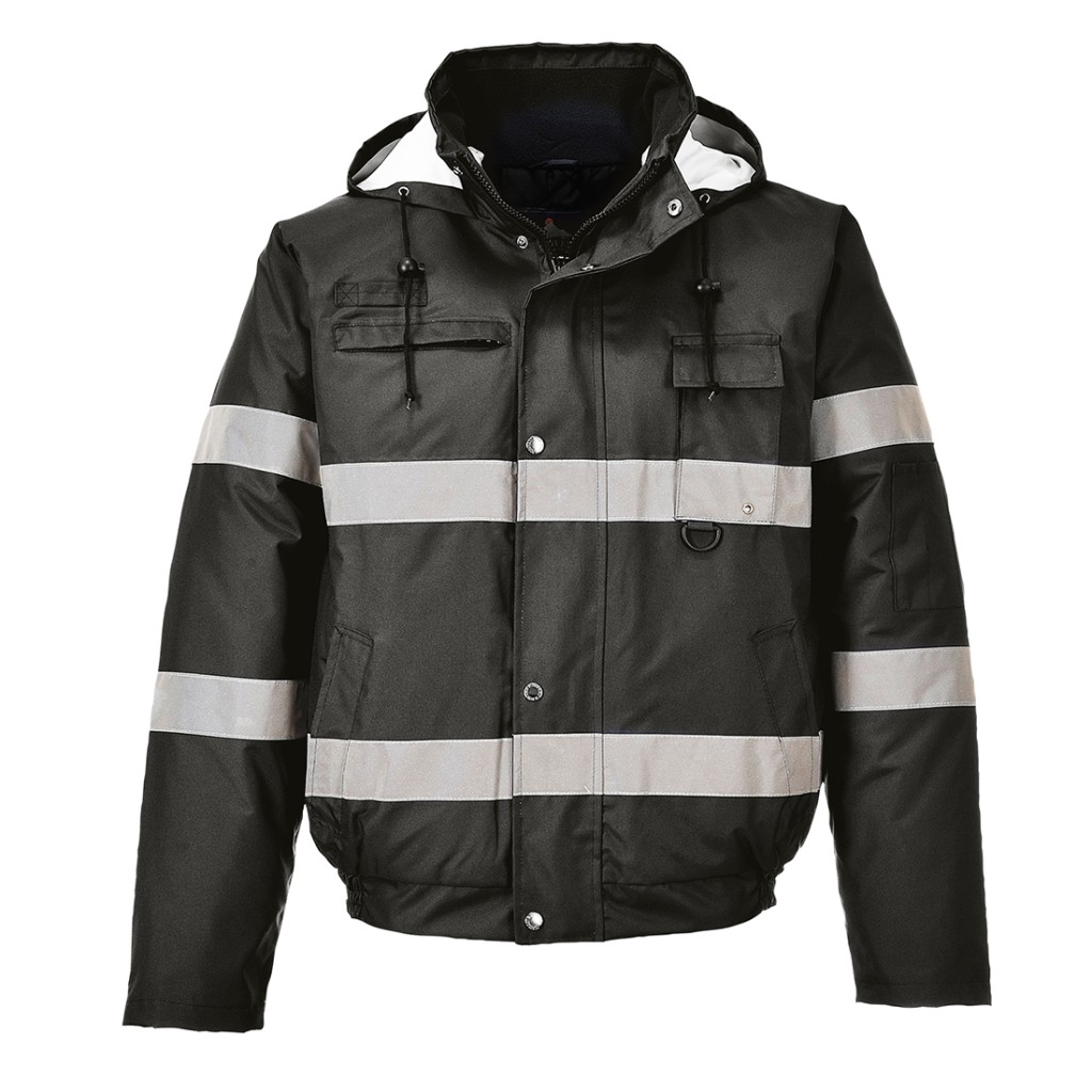 A black jacket designed for use on construction sites and in industrial work environments.,