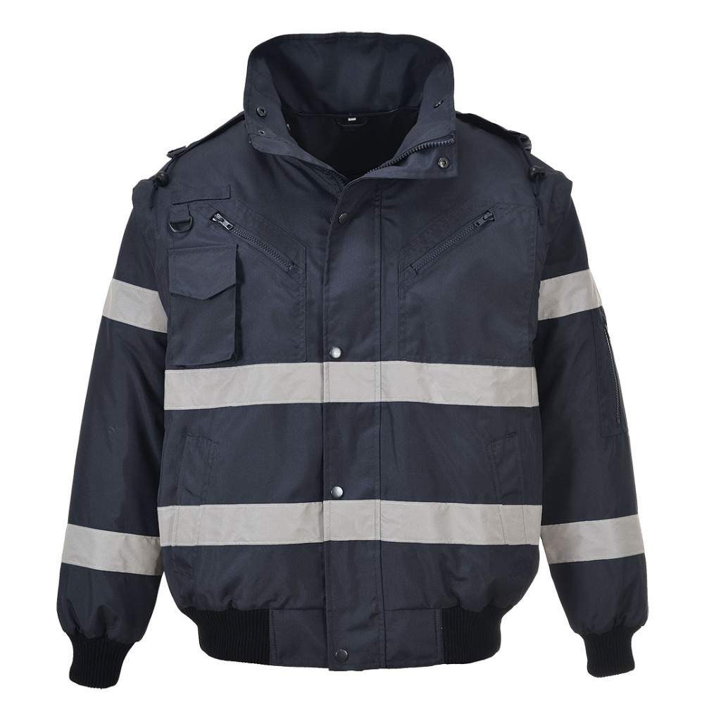 A navy blue jacket designed for use on construction sites and in industrial work environments.,