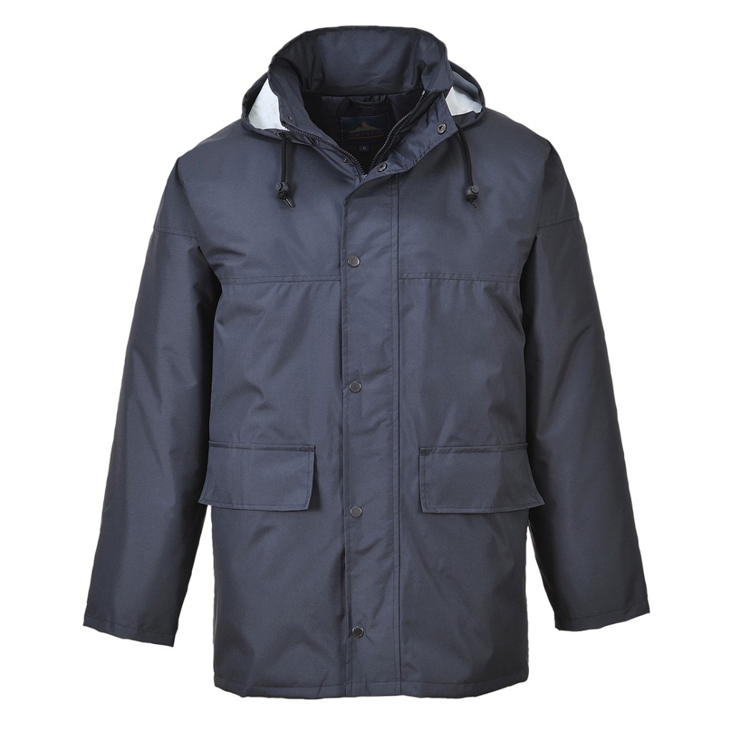 A navy blue jacket designed for use on construction sites and in industrial work environments.,