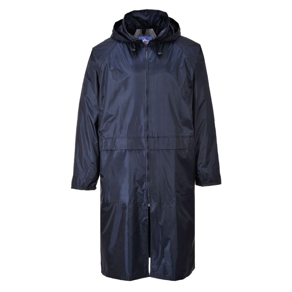 A navy blue waterproof jacket designed for use on construction sites and in industrial work environments.,