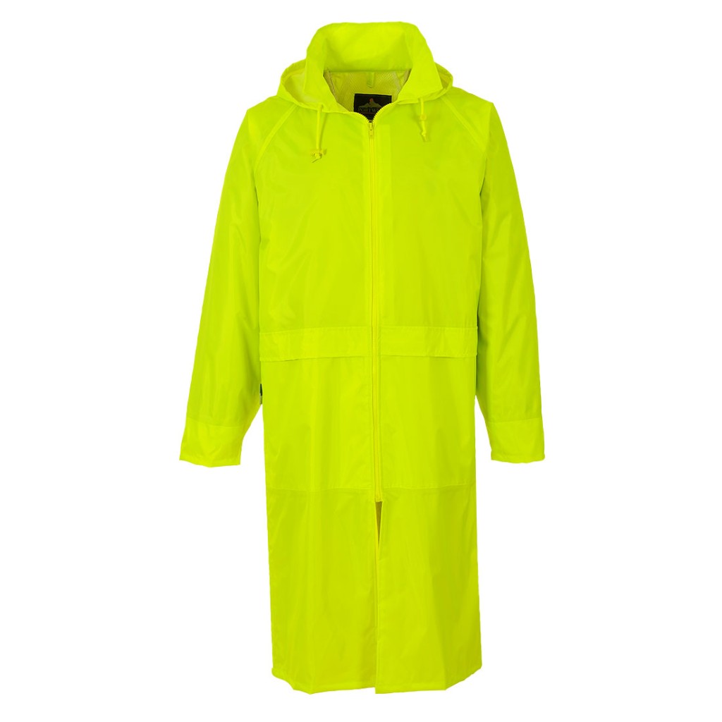 A yellow waterproof jacket designed for use on construction sites and in industrial work environments.,