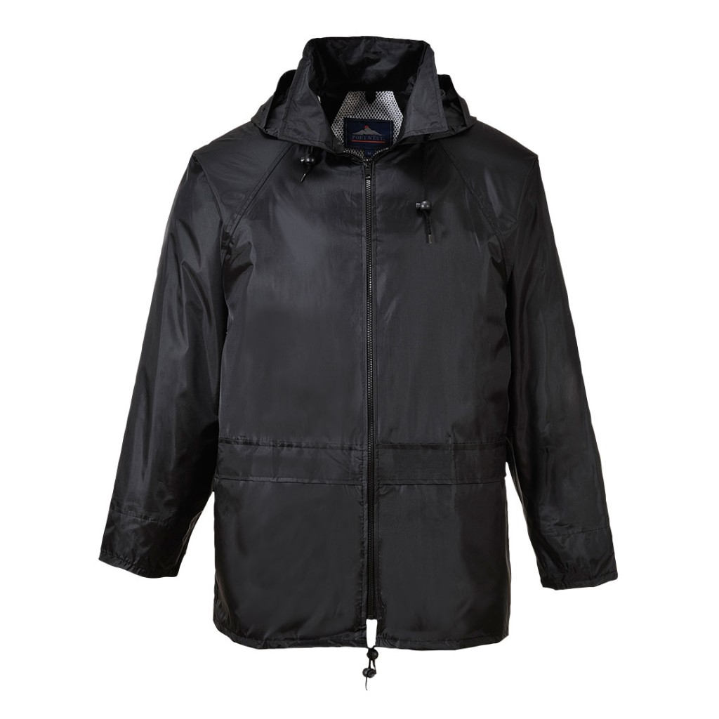 A black waterproof jacket designed for use on construction sites and in industrial work environments.,
