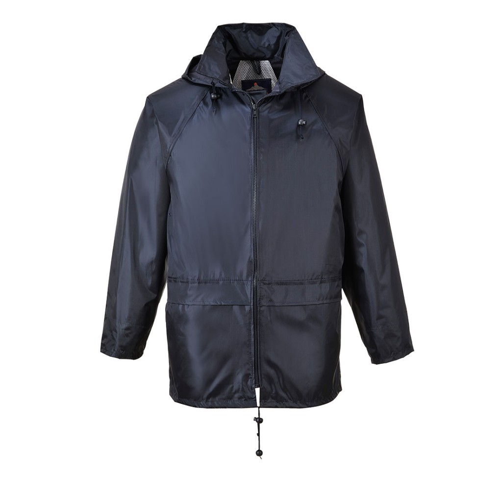A navy blue waterproof jacket designed for use on construction sites and in industrial work environments.,