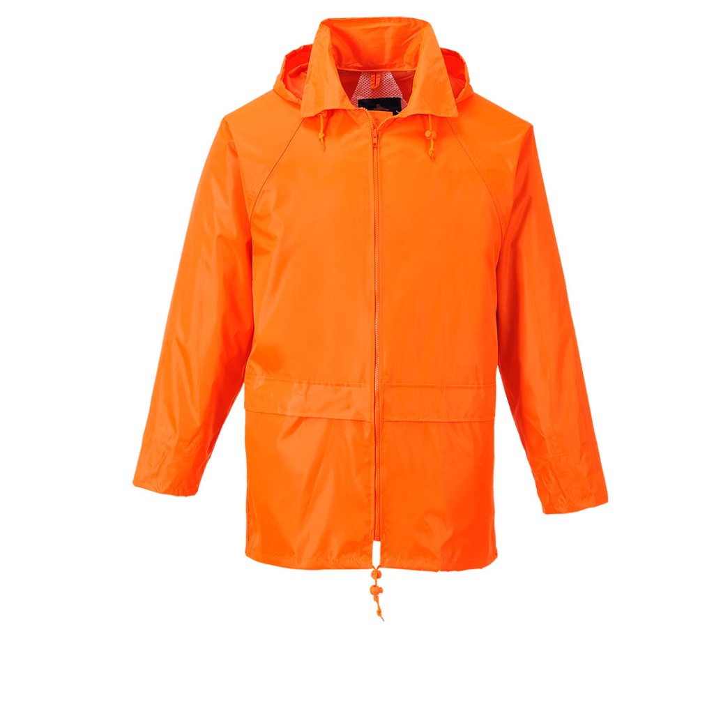 A orange waterproof jacket designed for use on construction sites and in industrial work environments.,