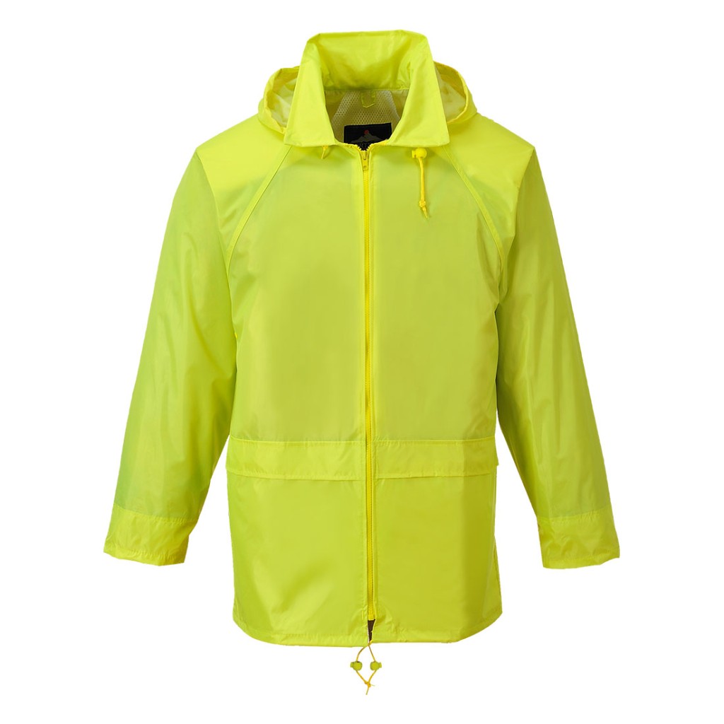 A yellow waterproof jacket designed for use on construction sites and in industrial work environments.,