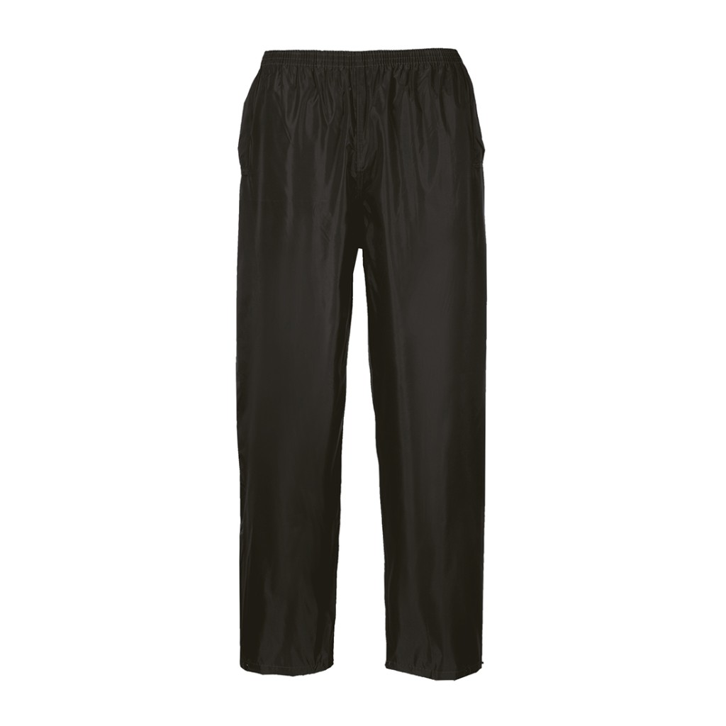 A pair of black work trousers designed for use on construction sites and in industrial work environments.,