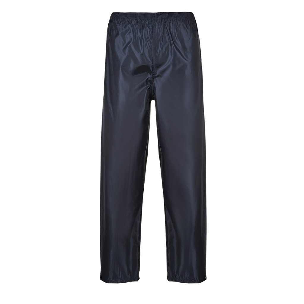 A pair of navy blue work trousers designed for use on construction sites and in industrial work environments.,