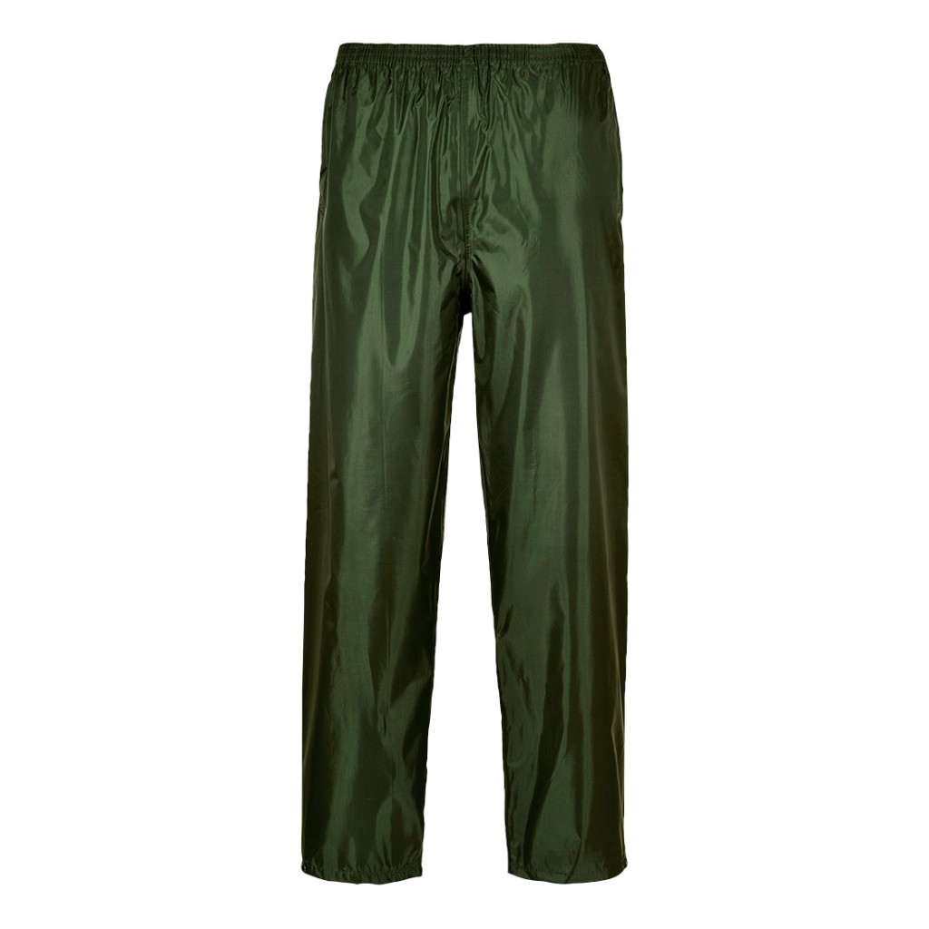 A pair of green work trousers designed for use on construction sites and in industrial work environments.,