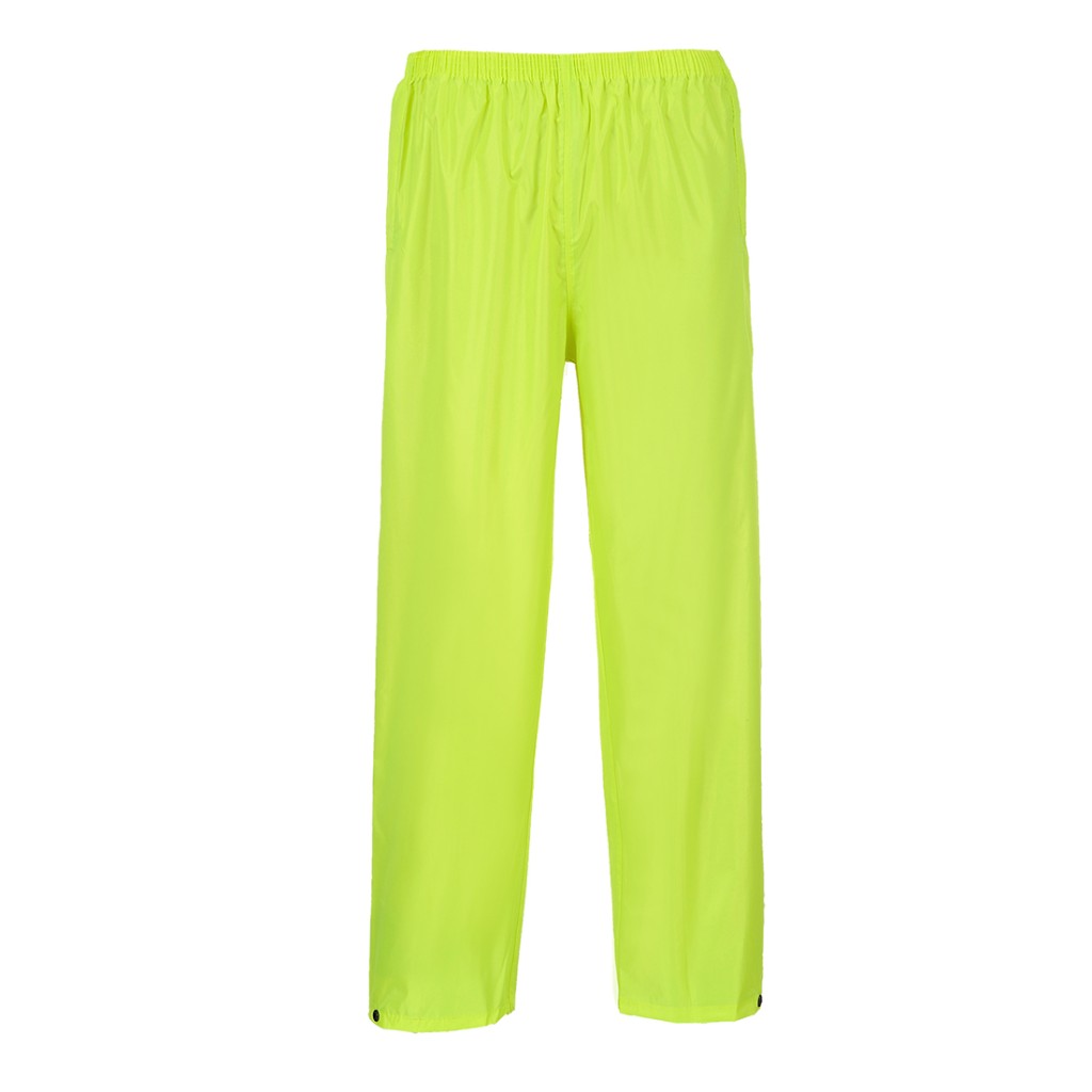 A pair of yellow work trousers designed for use on construction sites and in industrial work environments.,