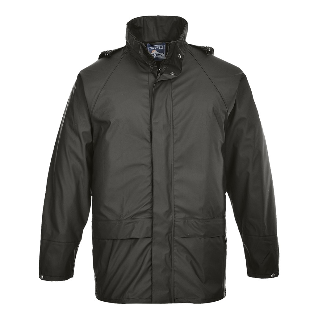 A black jacket designed for use on construction sites and in industrial work environments.,