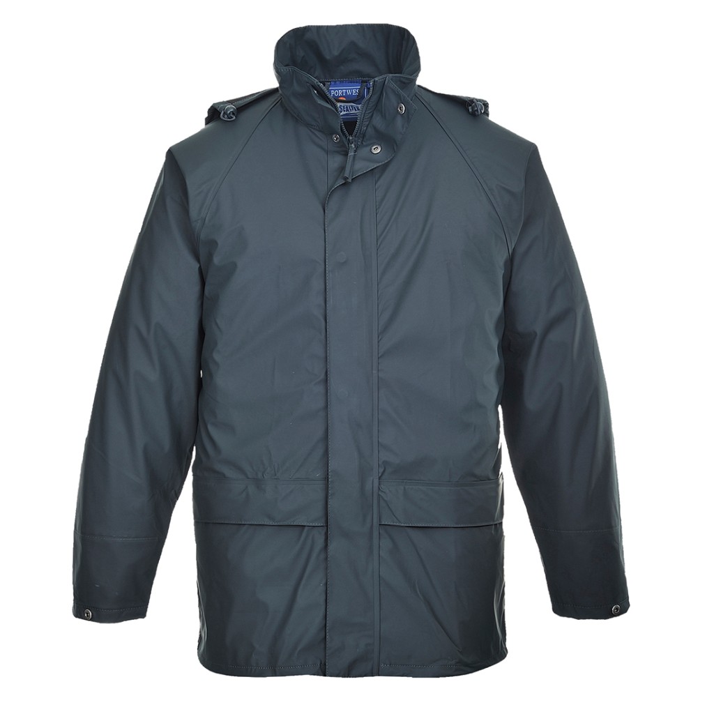 A navy blue jacket designed for use on construction sites and in industrial work environments.,