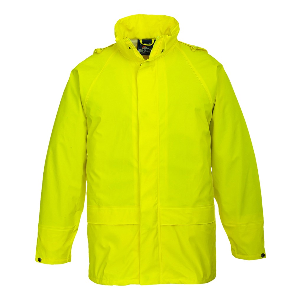A yellow jacket designed for use on construction sites and in industrial work environments.,