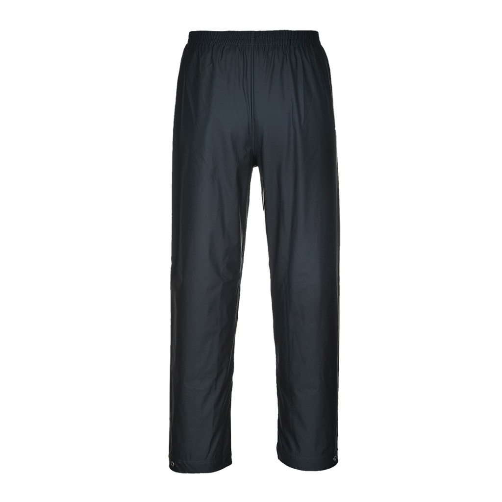A pair of black work trousers designed for use on construction sites and in industrial work environments.,