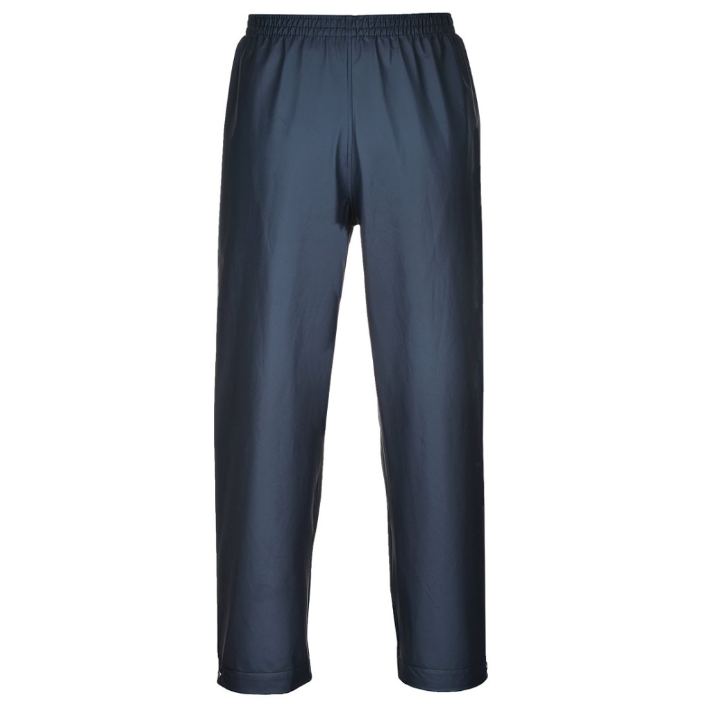 A pair of navy blue work trousers designed for use on construction sites and in industrial work environments.,