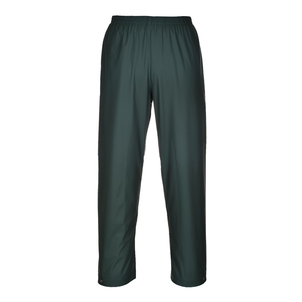 A pair of green work trousers designed for use on construction sites and in industrial work environments.,